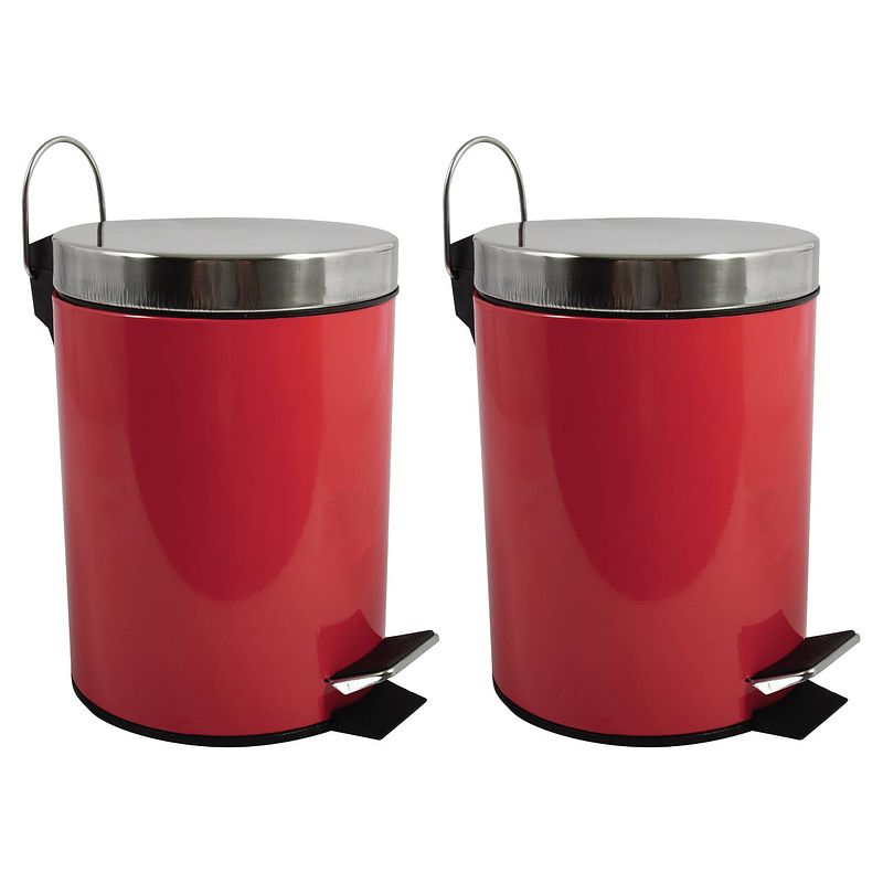 Foto van Msv prullenbak/pedaalemmer - 2x - metaal - rood - 5l - 20 x 28 cm - badkamer/toilet - pedaalemmers