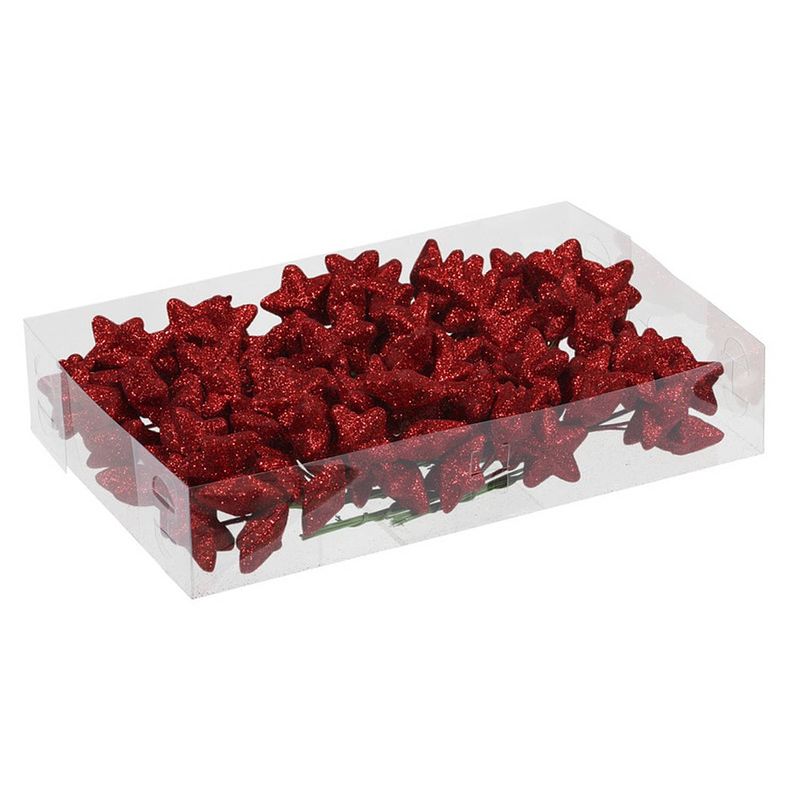 Foto van 18x bundeltjes van 8x rode glitter mini sterretjes stekers/instekers 4 cm - kerststukjes