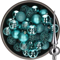 Foto van 37x stuks kunststof kerstballen 6 cm turquoise incl. glazen piek glans zilver - kerstbal