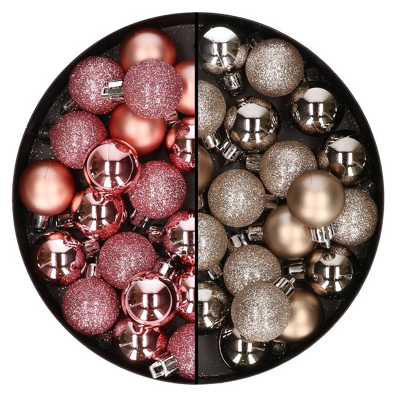 Foto van 40x stuks kleine kunststof kerstballen roze en champagne 3 cm - kerstbal