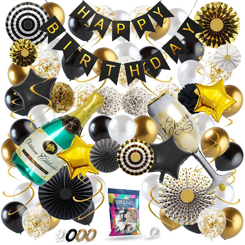 Foto van Fissaly® 76 stuks goud, zwart & wit decoratie feestpakket met papieren confetti ballonnen - feest versiering - latex
