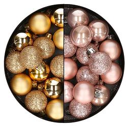 Foto van 28x stuks kleine kunststof kerstballen zachtroze en goud 3 cm - kerstbal