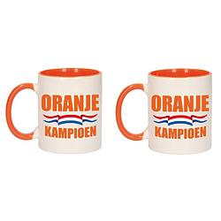 Foto van 2x stuks oranje kampioen mok/ beker oranje wit 300 ml - feest mokken