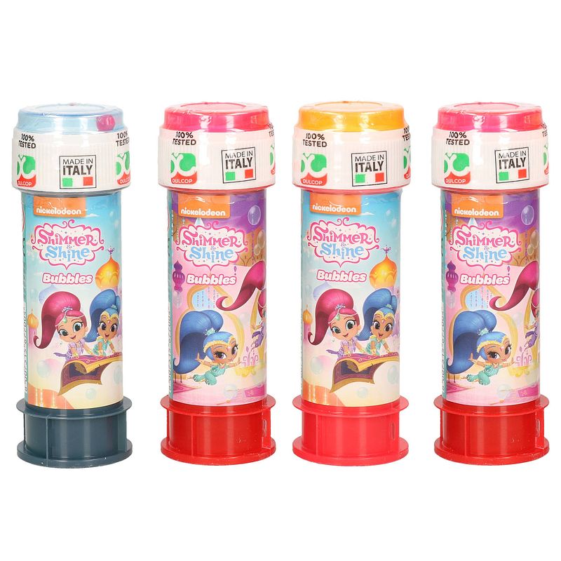 Foto van 4x shimmer and shine bellenblaas flesjes met bal spelletje in dop 60 ml voor kinderen - bellenblaas