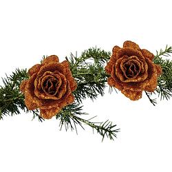Foto van 2x stuks kerstboom bloemen roos koper glitter op clip 10 cm - kunstbloemen