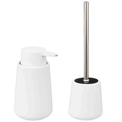Foto van Wc-/toiletborstel en houder - zandsteen wit - met zeeppompje - badkameraccessoireset