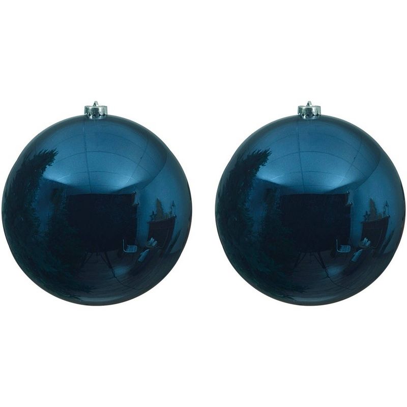 Foto van 2x grote raam/deur/kerstboom decoratie donkerblauwe kerstballen 20 cm glans - kerstbal