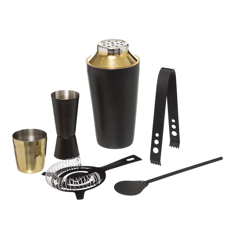 Foto van Rvs barset / cocktailset / giftset met cocktailshaker 6-delig zwart/goud - cocktailshakers