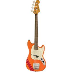 Foto van Squier fsr classic vibe 's60s competition mustang bass capri orange dakota red stripes il elektrische basgitaar