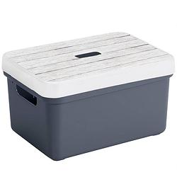 Foto van Sunware opbergbox/mand - donkerblauw - 13 liter - met deksel hout kleur - opbergbox