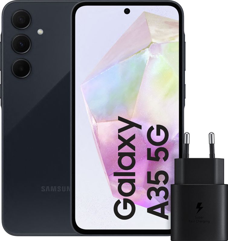 Foto van Samsung galaxy a35 256gb donkerblauw 5g + samsung 25 watt snellader zwart