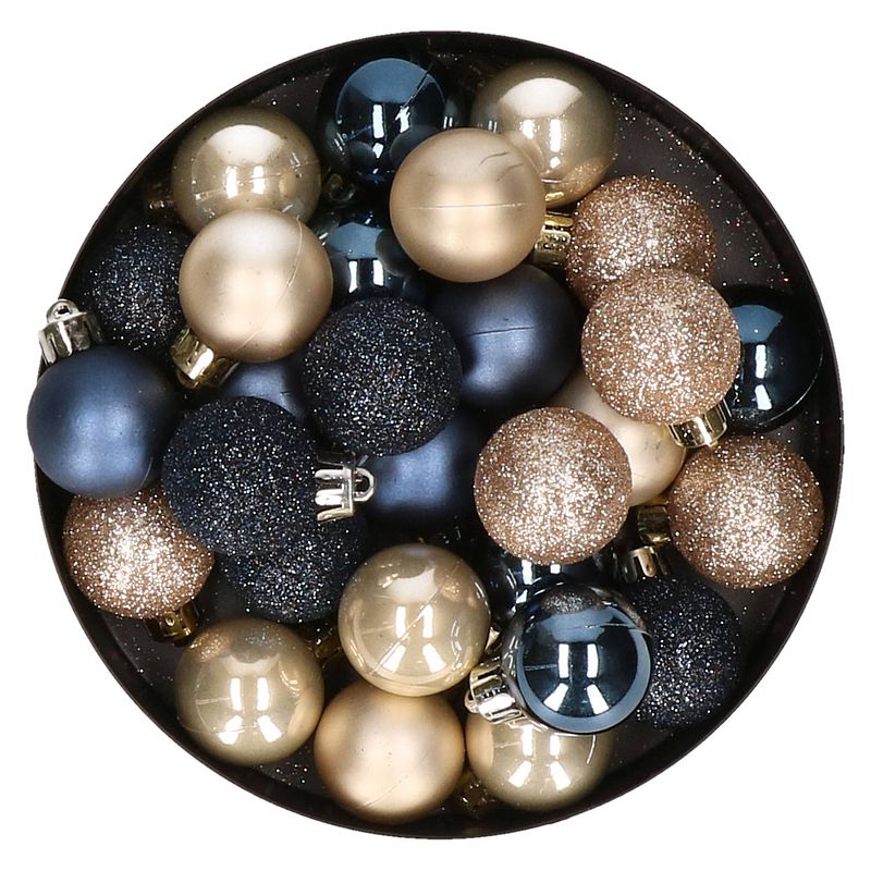 Foto van 28x stuks kunststof kerstballen parel/champagne en donkerblauw mix 3 cm - kerstbal