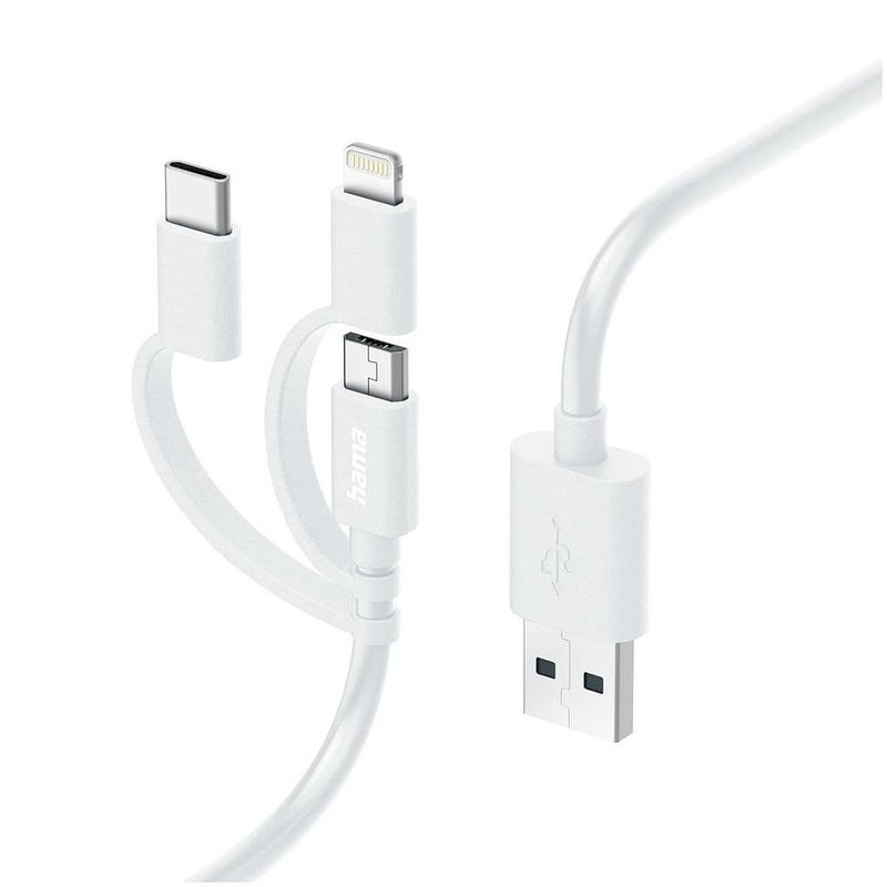 Foto van Hama laad/synchrokabel 3 in 1 met micro usb/usb type-c/lightning 1m oplader wit