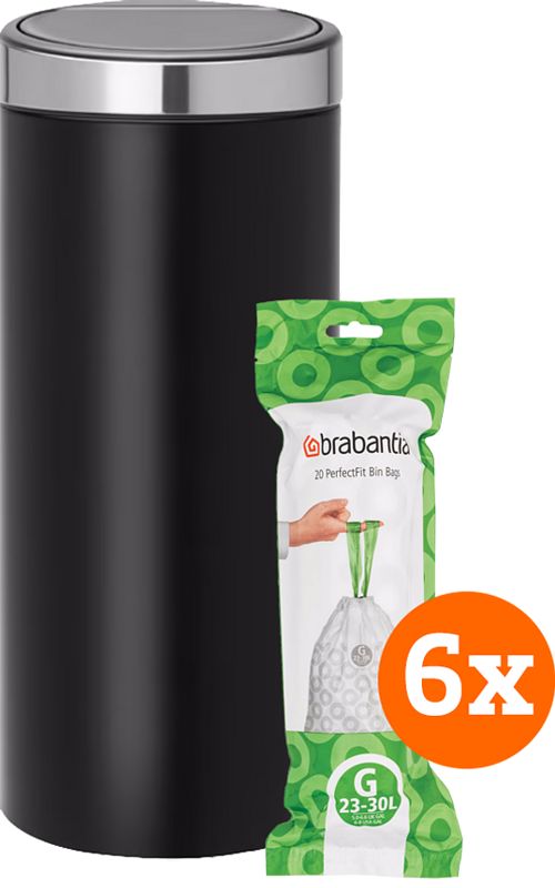 Foto van Brabantia touch bin 30 liter matt black + vuilniszakken (120 stuks)