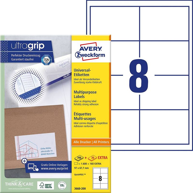 Foto van Avery-zweckform 3660-200 etiketten 97 x 67.7 mm papier wit 1760 stuk(s) permanent universele etiketten 220 vel din a4