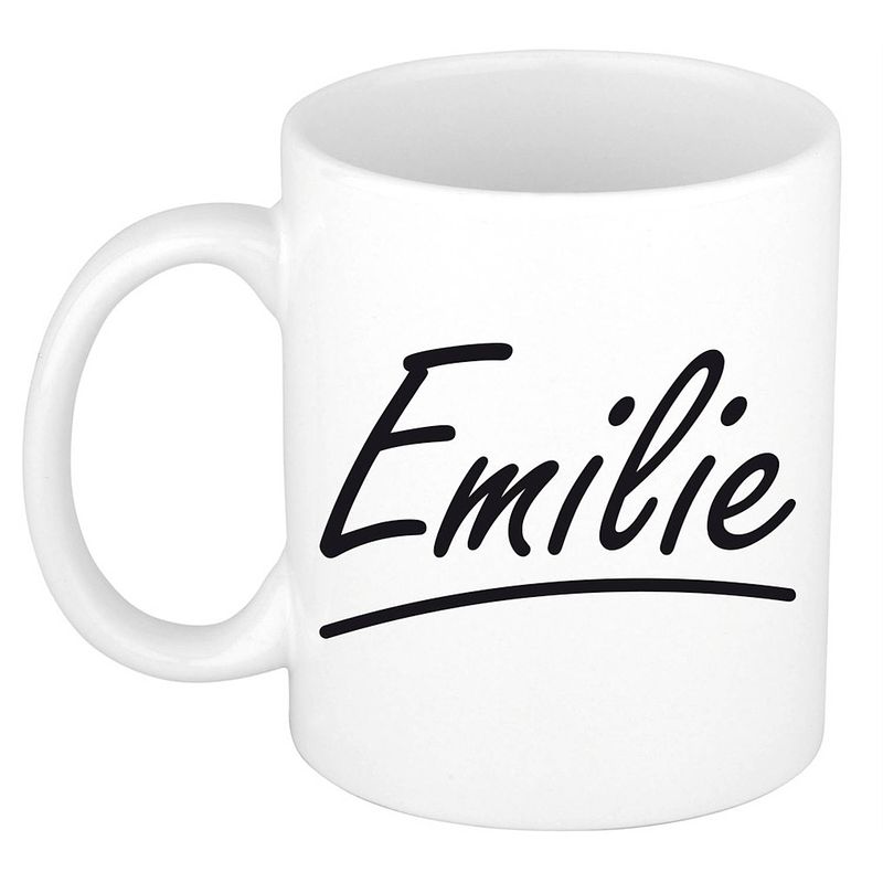 Foto van Naam cadeau mok / beker emilie met sierlijke letters 300 ml - naam mokken