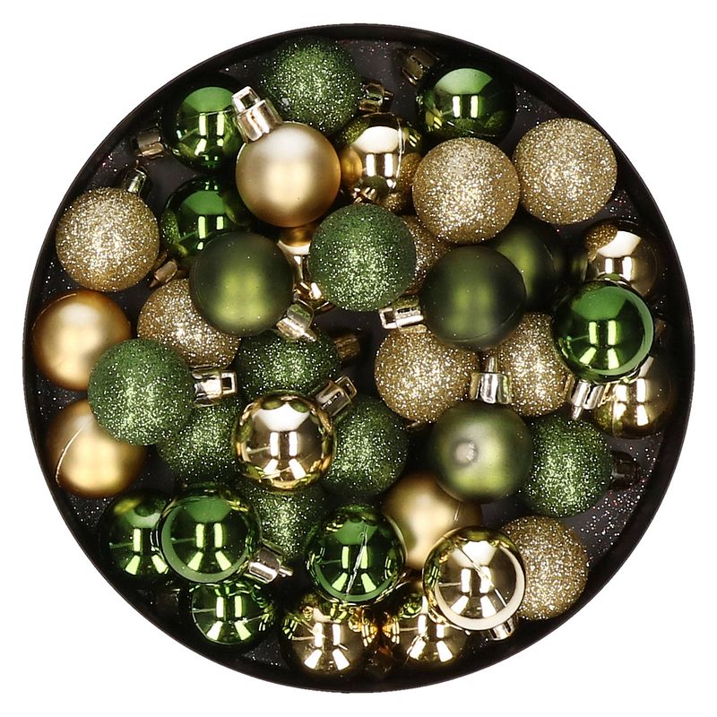 Foto van Kleine kunststof kerstversiering 40x stuks set en 3 cm kerstballen in het goud en groen - kerstbal