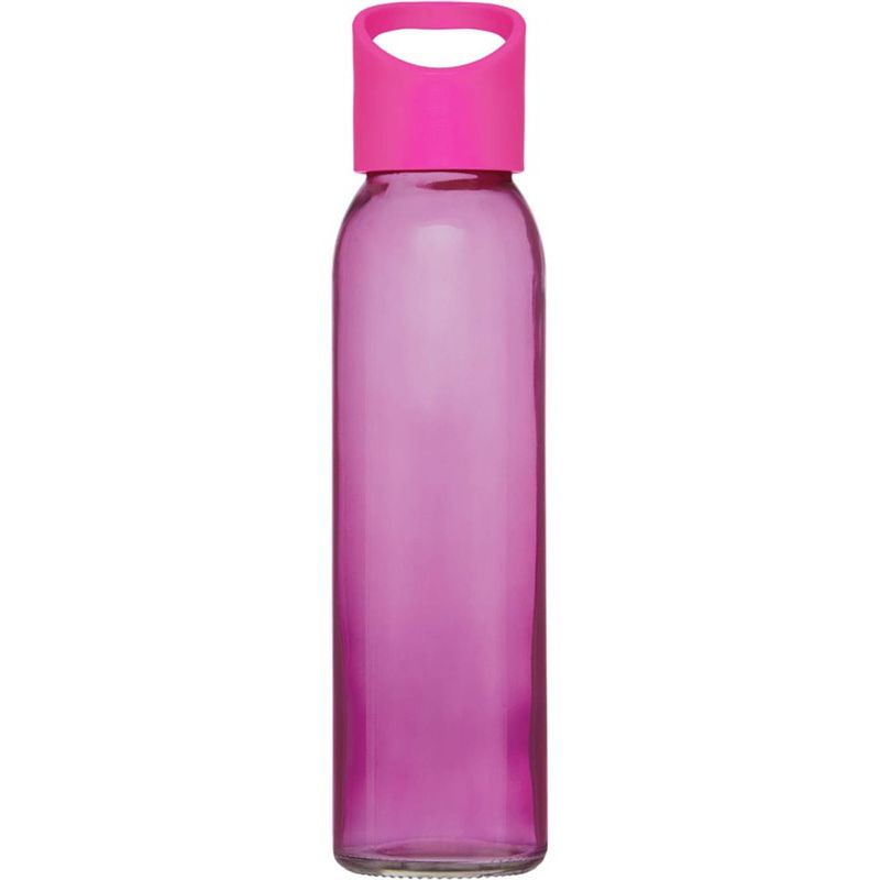 Foto van Glazen waterfles/drinkfles transparant roze met schroefdop met handvat 500 ml - drinkflessen