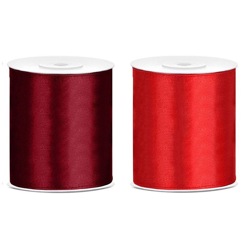 Foto van 2x rollen hobby decoratie satijnlint bordeaux rood-rood 10 cm x 25 meter - cadeaulinten