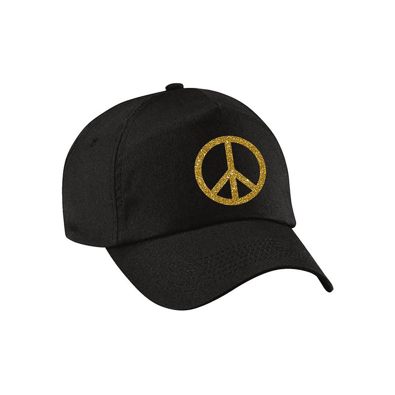 Foto van Goud glitter peace teken verkleed pet/cap zwart volwassenen - verkleedhoofddeksels