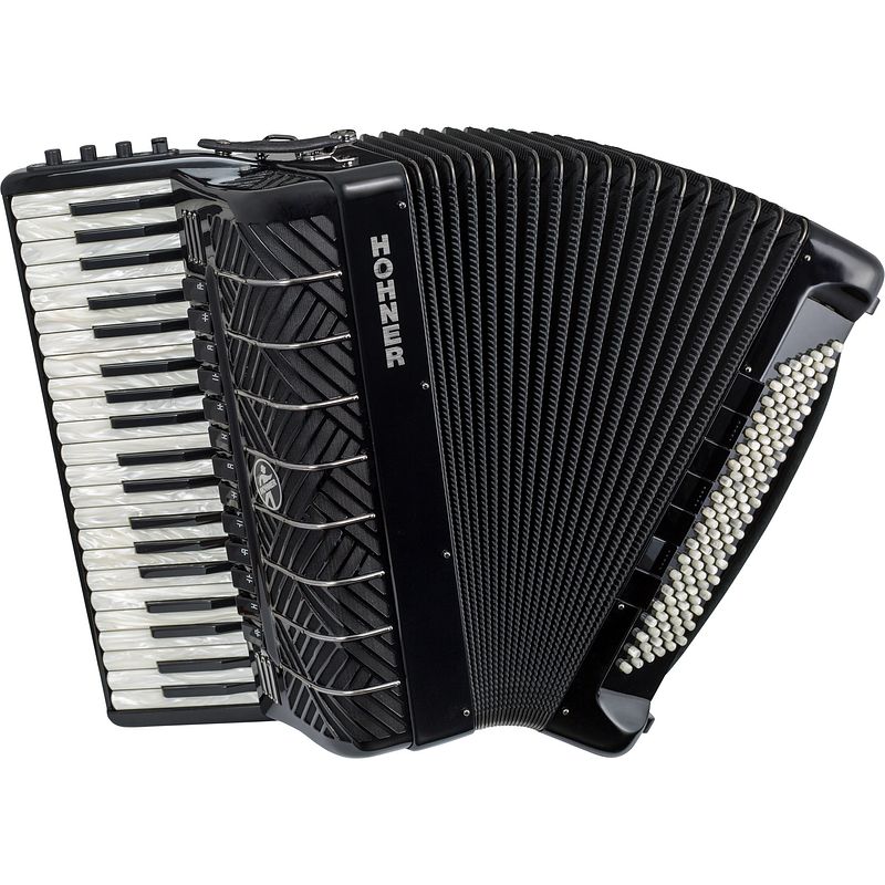 Foto van Hohner mattia iv 120 bk stage accordeon met perloid pianoklavier