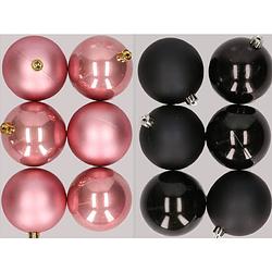 Foto van 12x stuks kunststof kerstballen mix van oudroze en zwart 8 cm - kerstbal