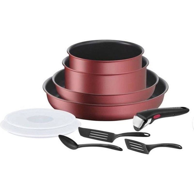 Foto van Tefal ingenio l3989502 10-delige pannenset - 5 pannen - 2 deksels - 3 keukenbestek - 1 verwijderbare handgreep - rood