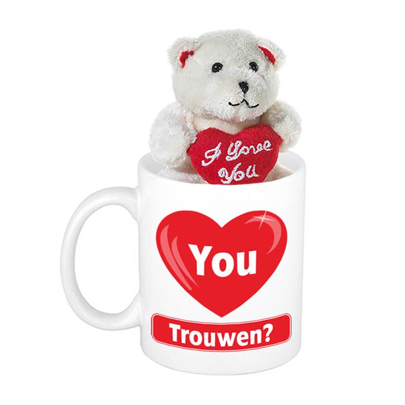 Foto van Huwelijksaanzoek cadeau love you - trouwen beker / mok met beige knuffelbeertje met love hartje - feest mokken