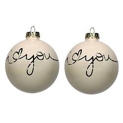 Foto van 2x stuks kerstcadeaus/kerstcadeautjes 2x witte glazen kerstballen i love you in giftbox - kerstbal