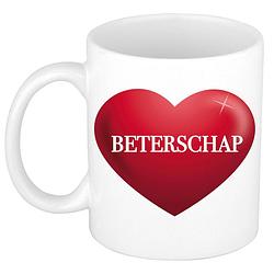 Foto van Beterschap cadeau mok / beker wit met rood hart 300 ml - feest mokken