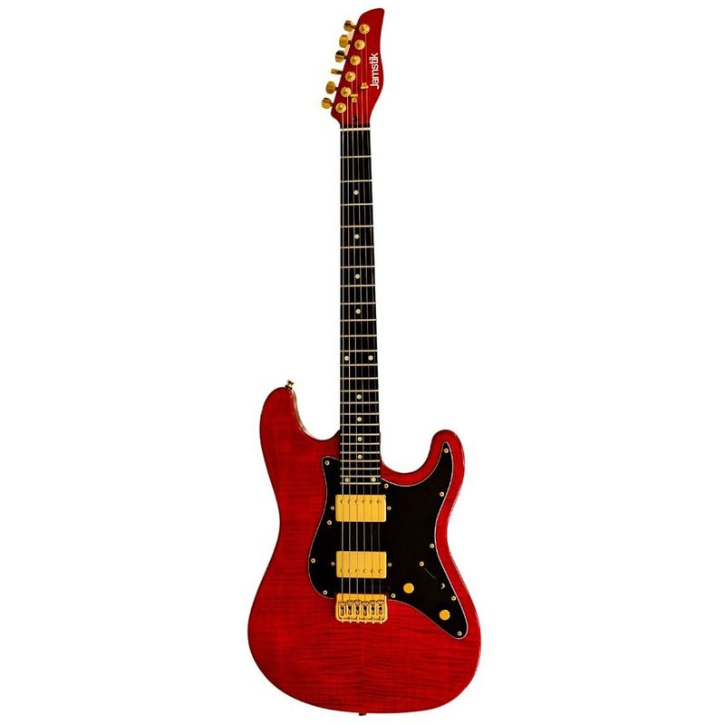 Foto van Zivix jamstik deluxe midi guitar red black pickguard elektrische gitaar met hardshell case