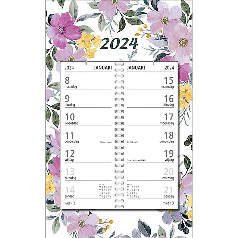 Foto van Mgpcards - omlegweekkalender 2024 - week begint op maandag - bloemen - pastel lila