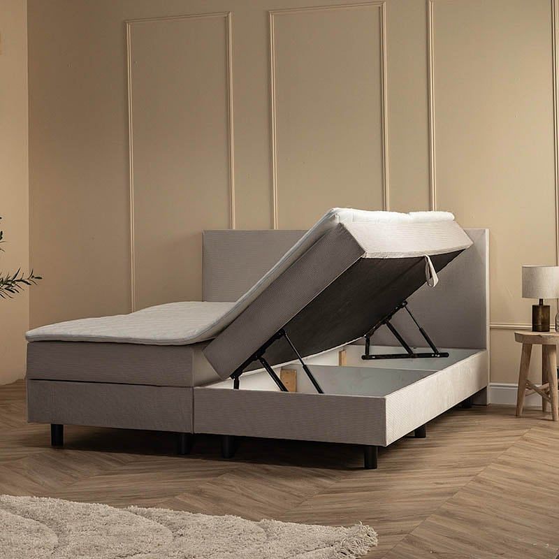 Foto van 2-persoons boxspring met opbergruimte rib - beige 160x210 cm - pocketvering - inclusief topper - dekbed-discounter.nl