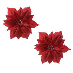 Foto van 2x stuks decoratie bloemen kerstster rood glitter op clip 24 cm - kersthangers
