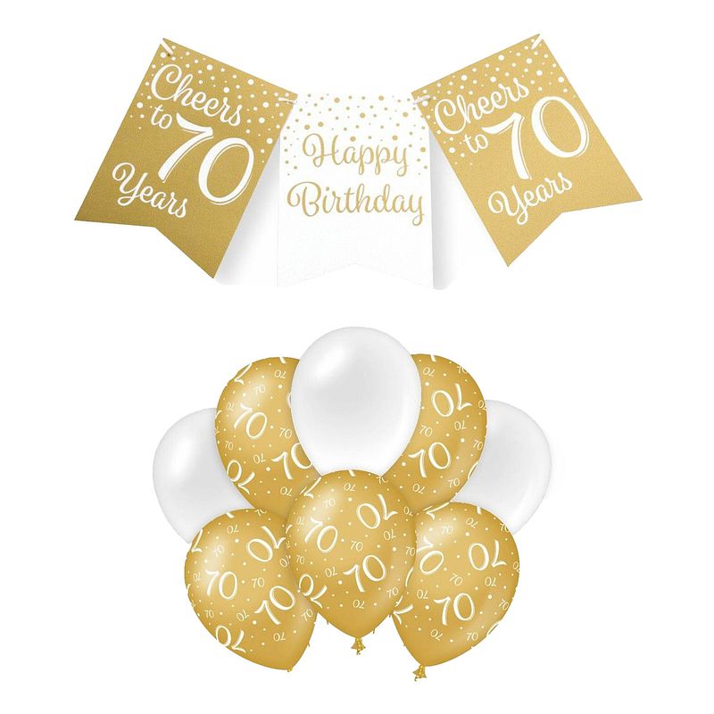 Foto van Paperdreams luxe 70 jaar feestversiering set - ballonnen & vlaggenlijnen - wit/goud - feestpakketten