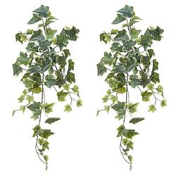 Foto van Louis maes kunstplant met blaadjes hangplant klimop/hedera - 2x - groen/wit - 58 cm - kunstplanten