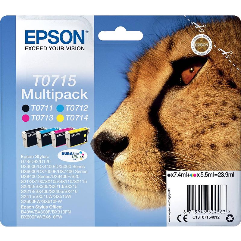 Foto van Epson inktcartridge t0715,250-415 pagina'ss, oem c13t07154012, 4 kleuren 8 stuks