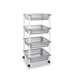 Foto van Zilverkleurige opberg trolleys/roltafels met 4 manden 85 cm - opberg trolley