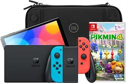 Foto van Nintendo switch oled rood/blauw + pikmin 4 + bluebuilt beschermhoes