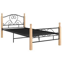 Foto van The living store metalen bedframe - eenpersoonsbed - 210 x 107 x 90 cm - zwart en lichthout