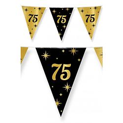 Foto van 3x stuks leeftijd verjaardag feest vlaggetjes 75 jaar geworden zwart/goud 10 meter - vlaggenlijnen
