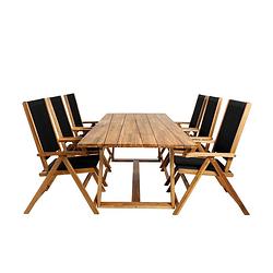 Foto van Plankton tuinmeubelset tafel 100x220cm en 6 stoel little john zwart, naturel.