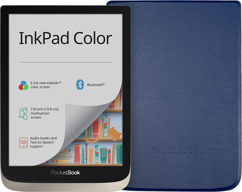 Foto van Pocketbook inkpad color zilver + pocketbook shell book case blauw