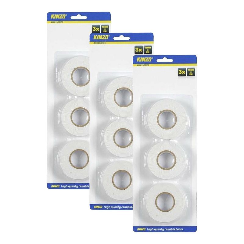 Foto van Kinzo dubbelzijdig tape/plakband - wit - set met 9x rollen van 2 meter - 18 mm breed - tape (klussen)