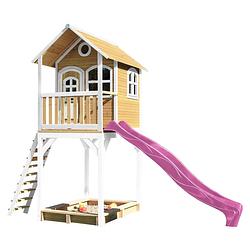 Foto van Axi romy speelhuis op palen, zandbak & paarse glijbaan speelhuisje voor de tuin / buiten in bruin & wit van fsc hout