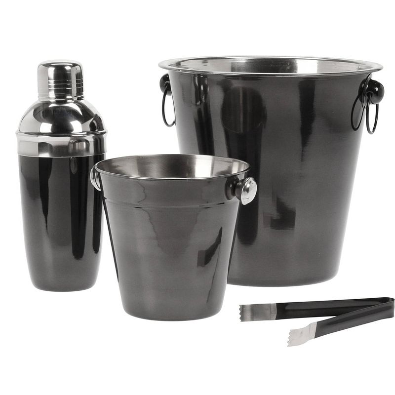 Foto van Rvs barset / cocktailset / giftset met cocktailshaker 4-delig zwart glans - cocktailshakers