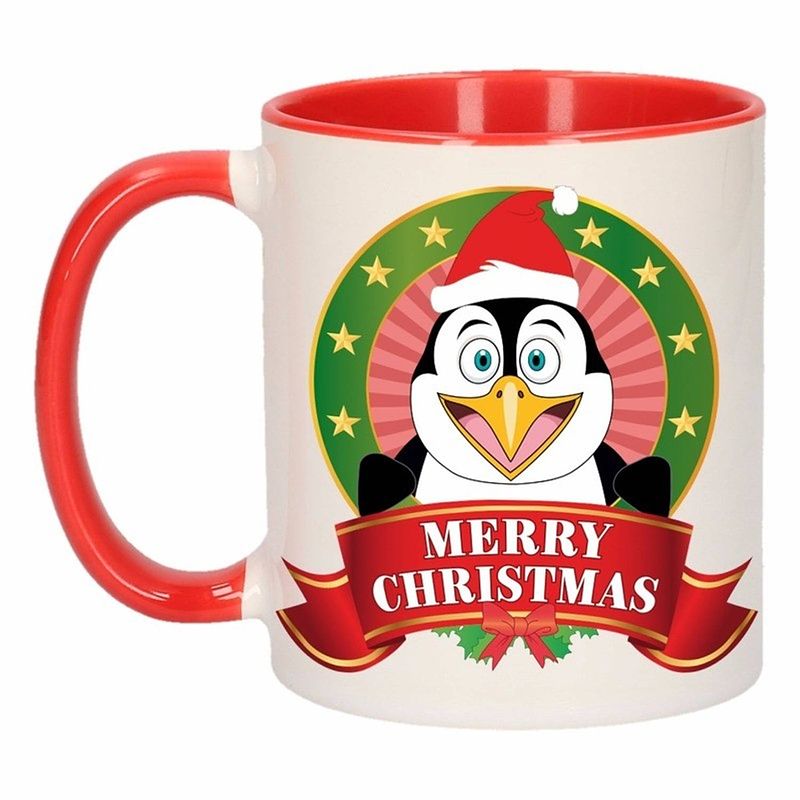 Foto van 1x kerst beker / mok - rood met wit - 300 ml keramiek - pinguin print