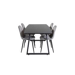 Foto van Incablbl eethoek eetkamertafel uitschuifbare tafel lengte cm 160 / 200 zwart en 4 polar eetkamerstal velours grijs.