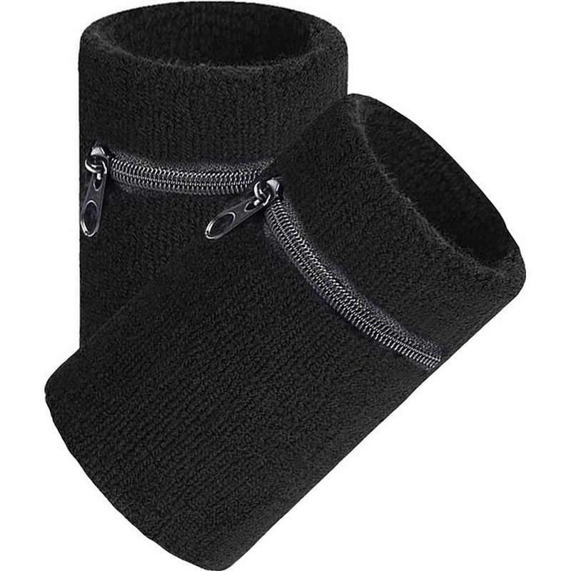 Foto van Arowell premium pols zweetbandje met portemonnee en rits - 12 cm - zwart - 2 stuks