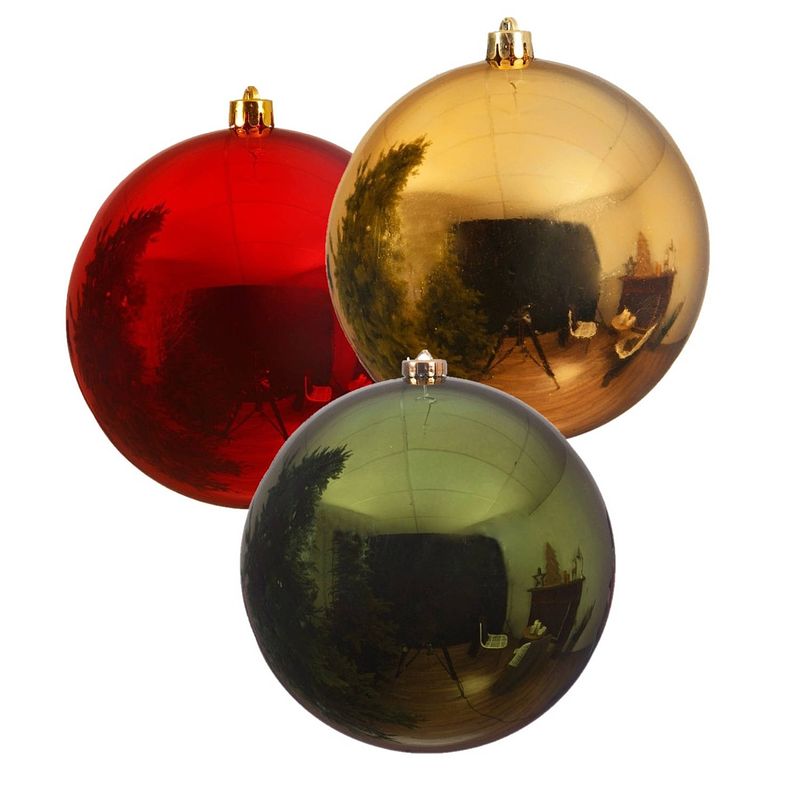 Foto van 3x stuks grote kerstballen van 20 cm glans van kunststof groen goud en rood - kerstbal